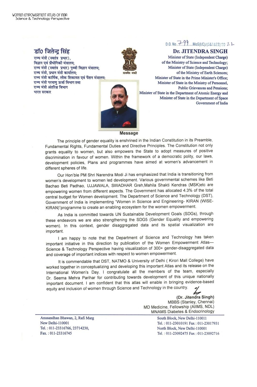Dr. Jitendra Singh, Union Minister